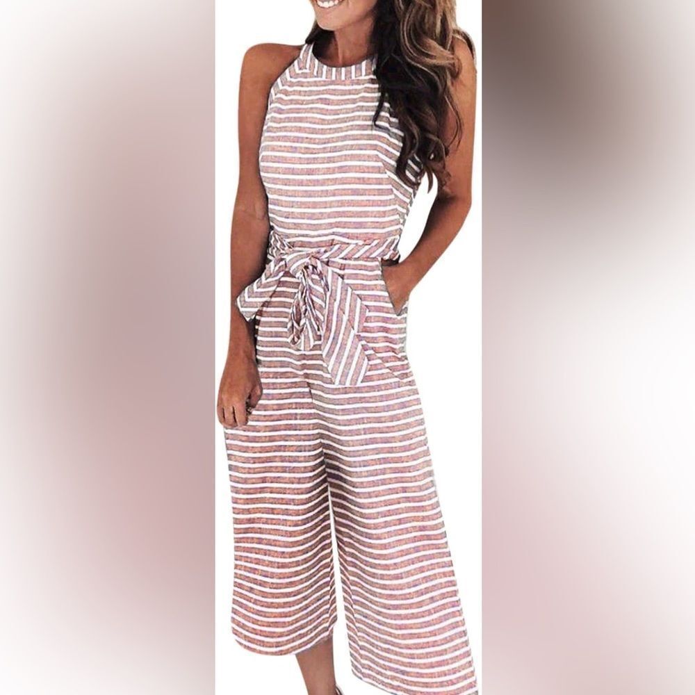 Sleeveless Striped Belted Jumpsuit medium